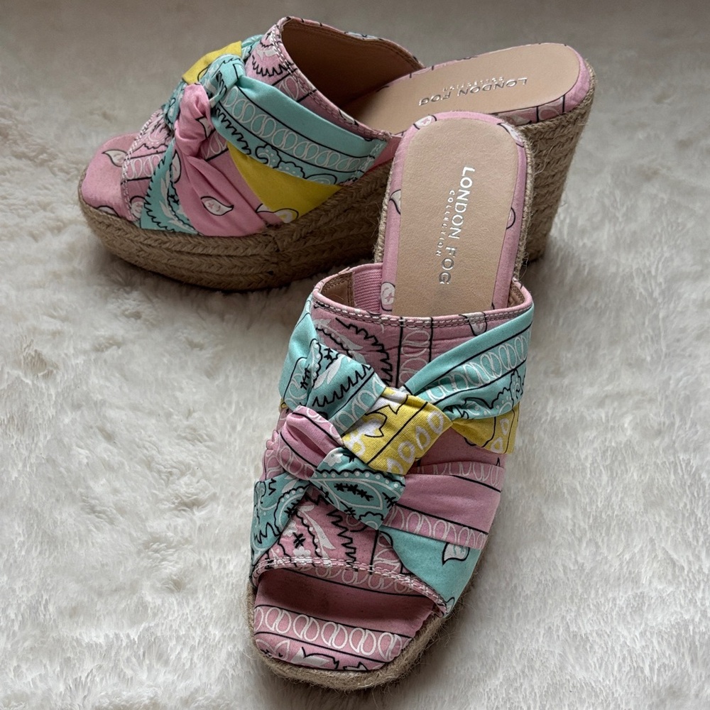 London Fog Bandana Pink Aqua and Yellow Wedge Sandals